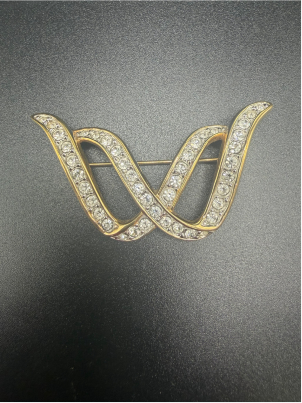 Vintage S.A.L. Signed Gold Tone Clear Rhinestone Swirl Ribbon Brooch Pin
